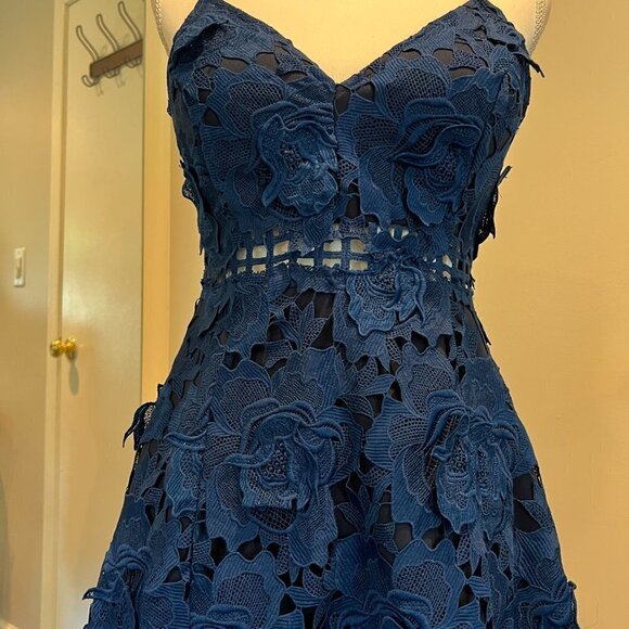Lovers + Friends Blue Bellini embellished floral lace applique dress, Size Small - Picture 6 of 15